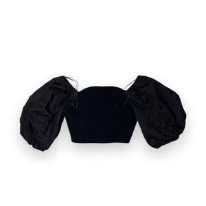 Zara Black Ribbed Knit & Poplin Puff Balloon Sleeve Crop Top Size Medium